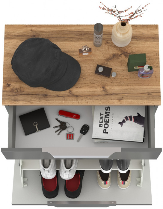 Октава 16.127 Тумба для обуви, цвет серый графит/дуб крафт золотой/фасады МДФ серый графит, ШхГхВ 64,9х35,4х62,2 см.