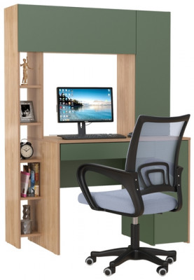 Стол компьютерный Комфорт 12.71 + кресло 103 серое, цвет гикори рокфорд натуральный/дымчатый зелёный, ШхГхВ 116,7х60,2х165,4 см., НЕ ун. сборка