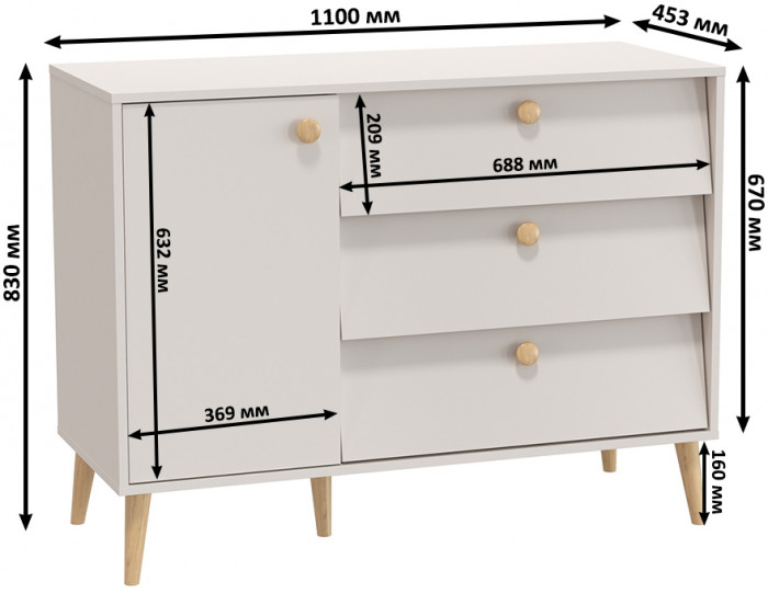Афина Спальня 4-44901М1к.с. Комод с дверкой и тремя ящиками, цвет кашемир серый, ШхГхВ 110х45,3х83 см., универсальная сборка, цвет ножек: тик