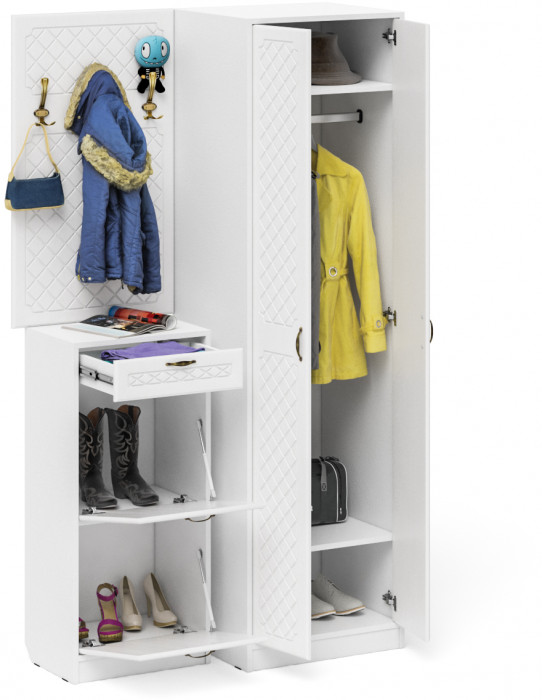 Прихожая П-6 Компоновка № 18, цвет белая шагрень/фасады МДФ белое дерево фрезеровка ромб, ШхГхВ 120х50х210 см., универсальная сборка