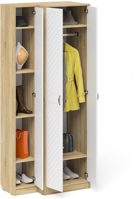 Прихожая П-6 Шкаф + Пенал, дуб сонома/фасады МДФ белое дерево фрезеровка ромб