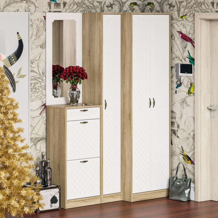 Прихожая П-6 Тумба для обуви 2 секции + Зеркало, цвет дуб сонома/фасады МДФ белое дерево фрезеровка ромб, ШхГхВ 50х35х210 см.