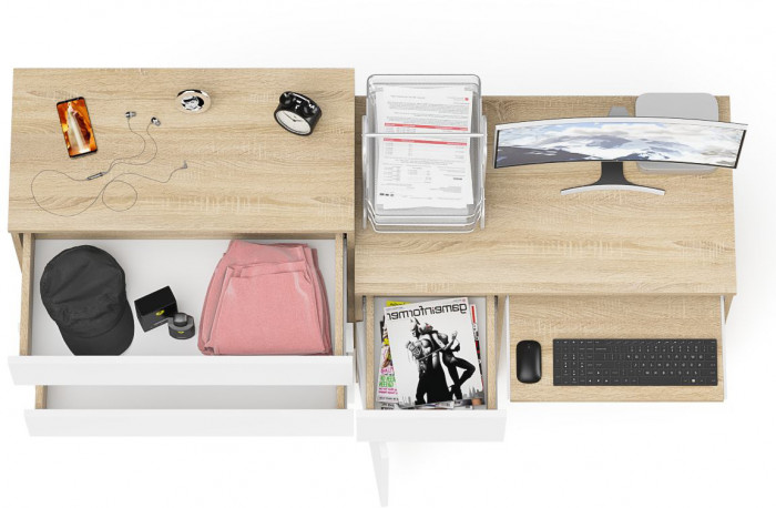 Мори компьютерный стол МС-1 левый + Комод МК800.4, дуб сонома/белый