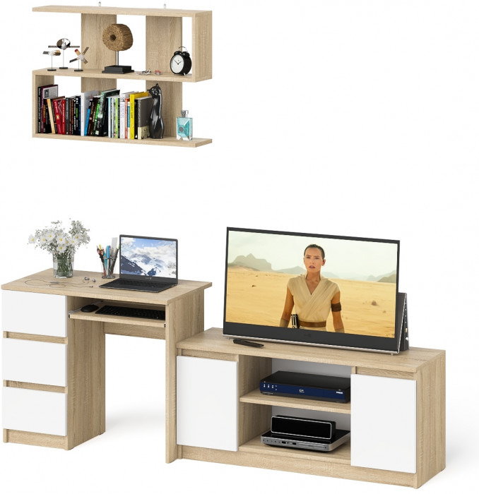Мори компьютерный стол МС-6 левый + Тумба МТВ1200.1 + Полка 900, дуб сонома/белый