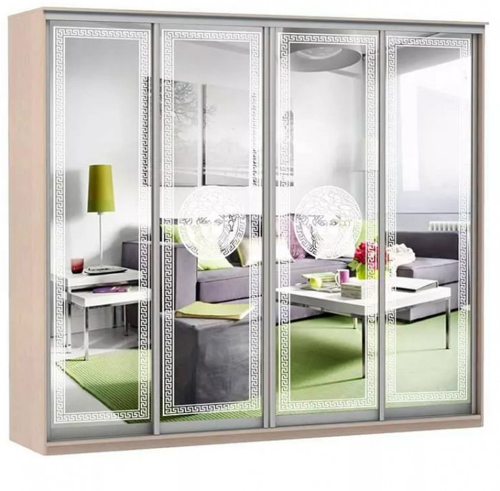Шкаф купе Модерн 2362х450 4-х дверный 3-х секционный зеркальный с пескоструем №1 ясень