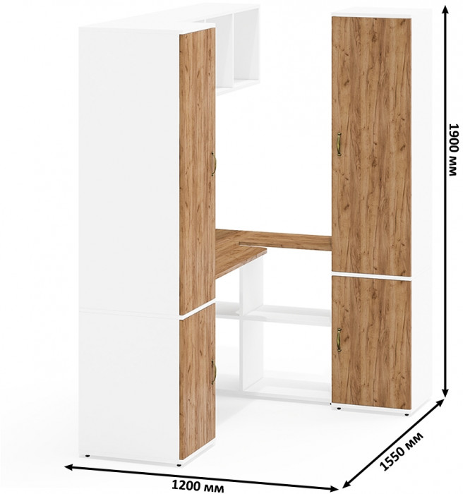 Лидер-8 Пенал МД 23Б + Стол + Полка + Пенал 22Б, цвет белый шагрень/крафт золото, ШхГхВ 245х50/37,5х75/190 или 155х120/50х75/190 см., НЕ ун.сб.
