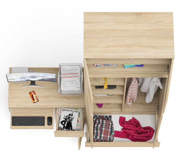 Мори Стол компьютерный МС-1 правый + Шкаф МШ900.1 + Антресоль МА900.1, цвет дуб сонома, ШхГхВ 180,4х50,4х234,2 см., выдвиж. ящик справа, НЕ ун. сб.