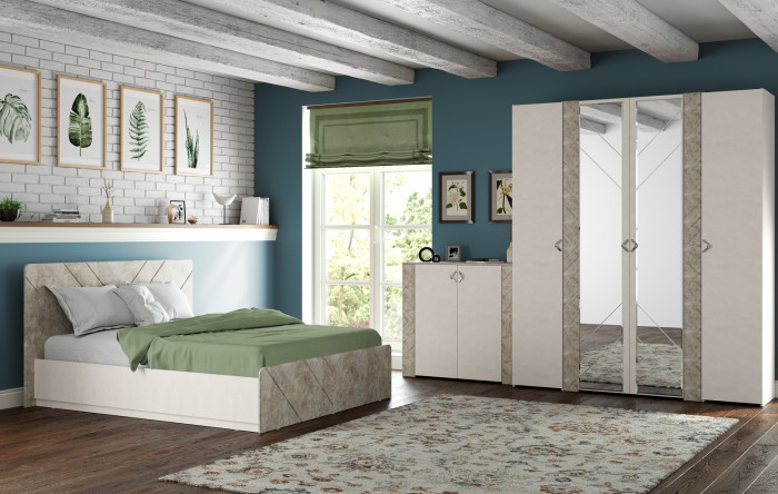 Амели Спальня № 10 Шкафы 08.49 + 13.133 + 08.49 + Кровать 11.31 + под. ортопед + Комод 13.107, цвет шёлк. камень/бетон чикаго беж, 1600х2000 мм, б/м