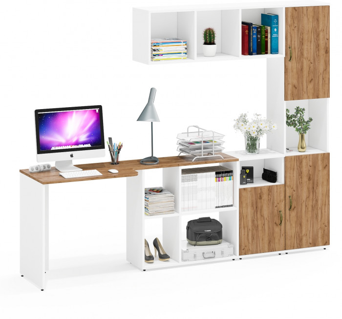 Лидер-8 Стол + Полка + Тумба МД 3.19 + Пенал, цвет белый шагрень/крафт золото, ШхГхВ 245х50/30х75/190 или 160х115/30х75/190 см., НЕ универс. сб.