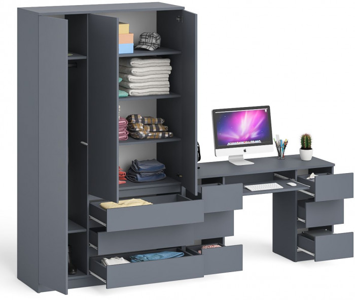 Мори Стол компьютерный МС-2 + Шкаф МШ1200.1, цвет графит, ШхГхВ 255,8х50,4х209,6 см., универсальная сборка
