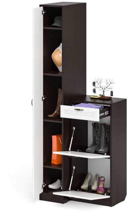 Прихожая П-6 Компоновка № 42, венге/фасады МДФ белое дерево фрезеровка ромб