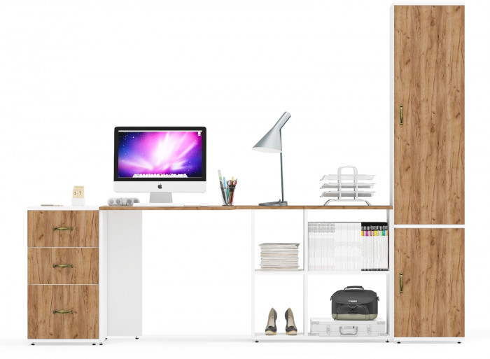 Лидер-8 Стол + Тумба МД 3.16 + Пенал МД 21Б, белый шагрень/крафт золото