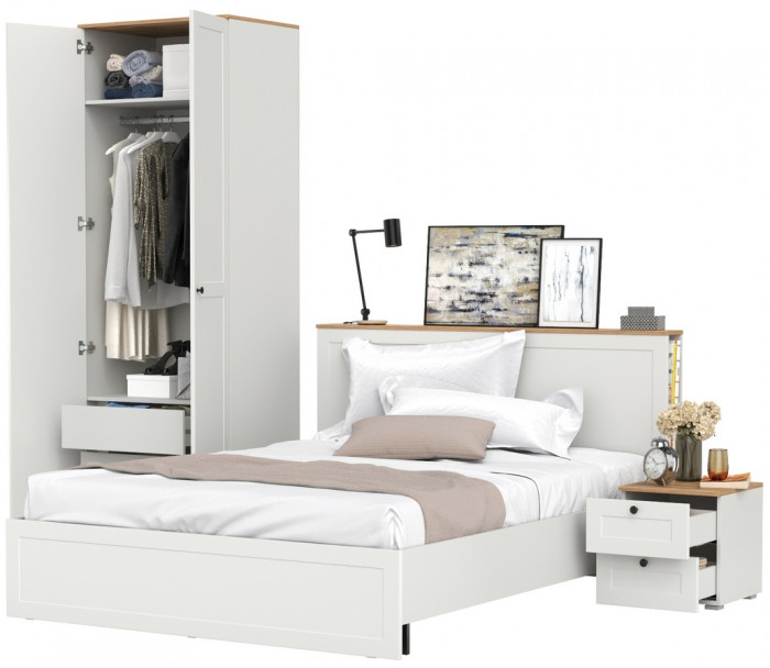 Остин 11.53 Кровать + ортопед + 13.336.02 Шкаф для одежды + 16.152 Тумба прикроватная, белый шагрень/дуб крафт золотой