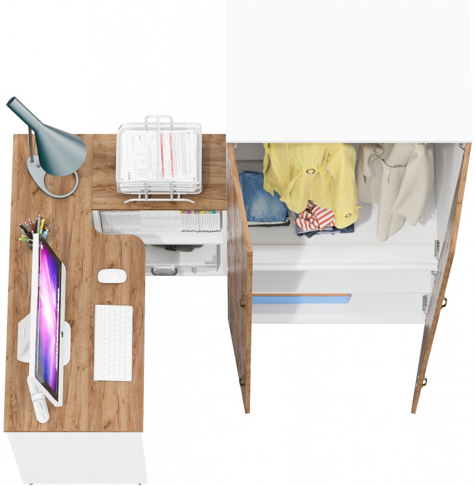 Лидер-8 Стол + Шкаф МД 19Б, цвет белый шагрень/крафт золото, ШхГхВ 245х50х75/190 или 115х160/50х75/190 см., НЕ универсальная сборка