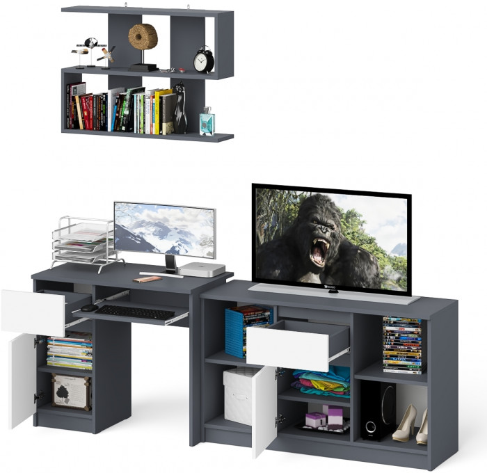 Мори Стол компьютерный МС-1 левый + Тумба МТВ1204.1 + Полка 900, цвет графит/белый, ШхГхВ 210,4х50х209,6 см., НЕ универсальная сборка