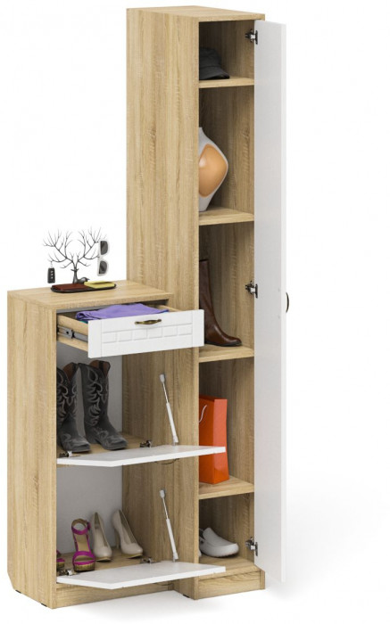 Прихожая П-6 Компоновка № 42, дуб сонома/фасады МДФ белое дерево фрезеровка прованс