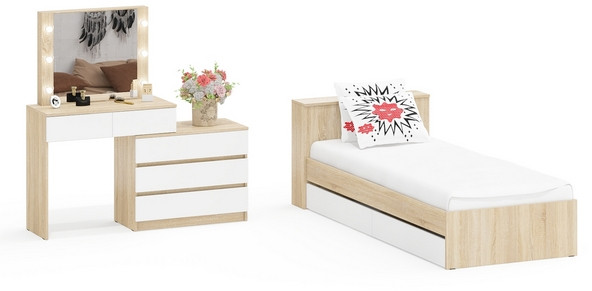 Ксения Кровать с ящиками 0900 + Стол косметический с подсветкой 110, дуб сонома/белый