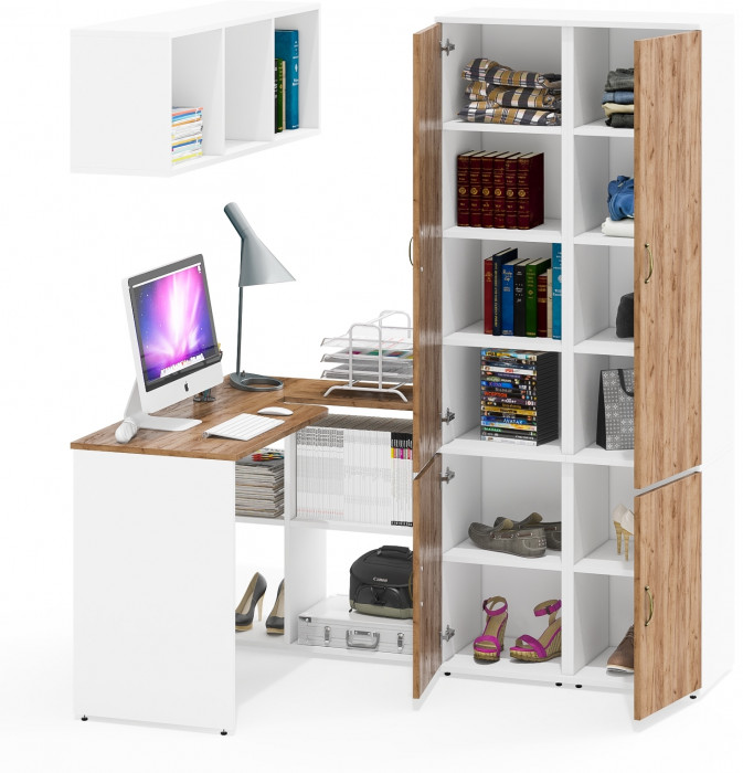 Лидер-8 Стол + Полка + Пенал МД 22Б + Пенал МД 22Б, белый шагрень/крафт золото