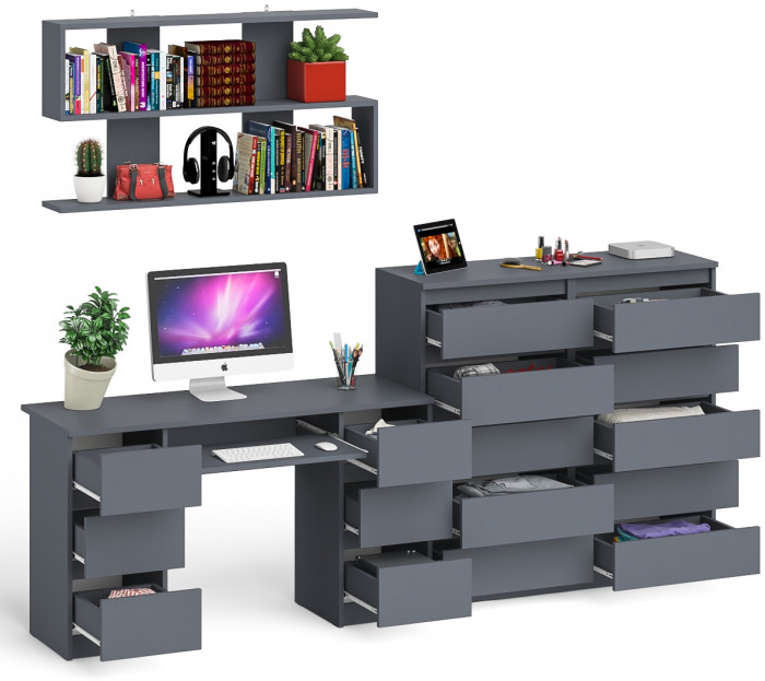 Мори компьютерный стол МС-2 + Комод МК1200.10 + Полка 1200, графит