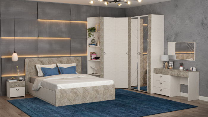 Амели Спальня № 7 13.106 + 12.48 + 03.240 + Шкафы 08.49 + 13.133 + 13.131 + 13.140 + Кровать 11.31 + под. ортопед + Тумбочка, 1600х2000 мм, б/м