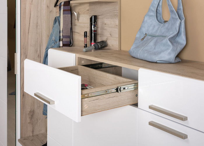 Лайн Прихожая № 13, цвет дуб крафт серый/фасады МДФ белый глянец, ШхГхВ 145х35х210 см., универсальная сборка