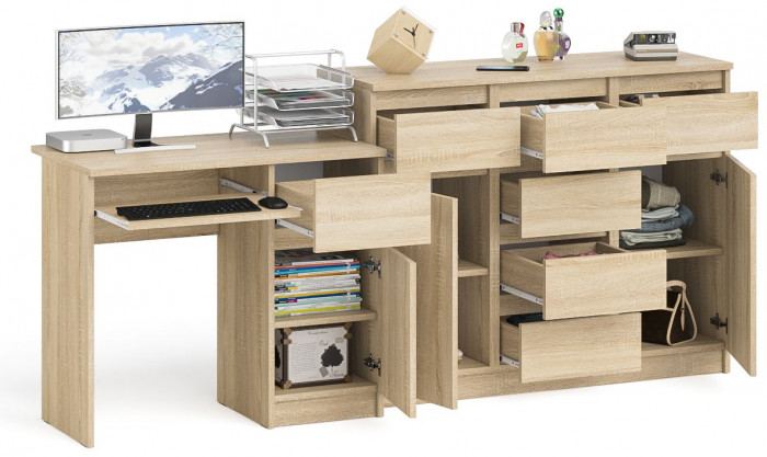 Мори Стол компьютерный МС-1 правый + Комод МК1200.4, цвет дуб сонома, ШхГхВ 210,4х50х94 см., выдвижной ящик справа, НЕ универсальная сборка