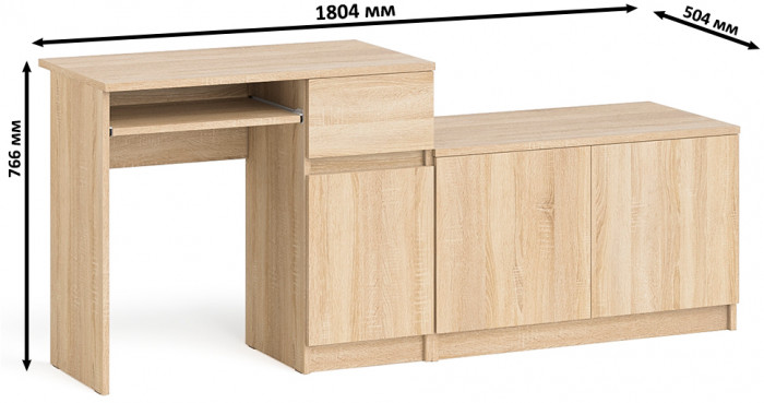Мори Стол компьютерный МС-1 правый + Тумба МА900.1, цвет дуб сонома, ШхГхВ 180,4х50,4х76,6 см., выдвижной ящик справа, НЕ универсальная сборка