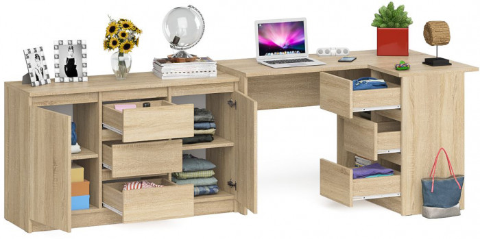 Мори Стол компьютерный МС-16 правый + Комод МК1200.3, цвет дуб сонома, ШхГхВ 244,8х84,9х76,6 см., выдвижные ящики справа, НЕ универсальная сборка