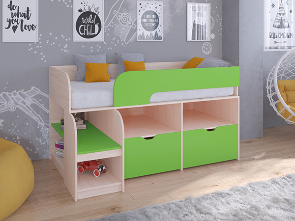 Кровать чердак Астра 9 V6 Дуб молочный/Салатовый