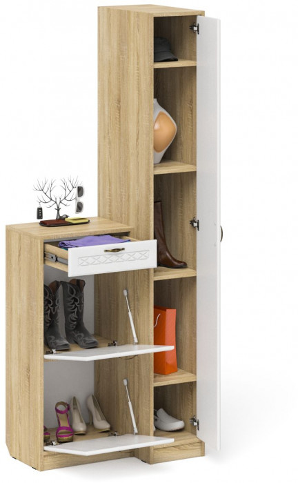 Прихожая П-6 Компоновка № 42, дуб сонома/фасады МДФ белое дерево фрезеровка ромб