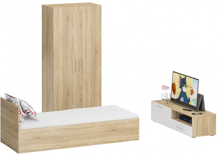 Спальня Стандарт 3-0800, дуб сонома/фасады ТВ тумбы МДФ белый глянец