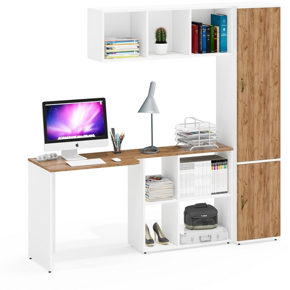 Лидер-8 Стол + Полка + Пенал МД 22Б, белый шагрень/крафт золото