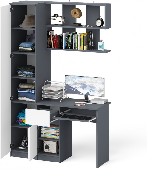 Мори компьютерный стол МС-1 левый + Пенал МШ400.1 + Полка 900, графит/белый