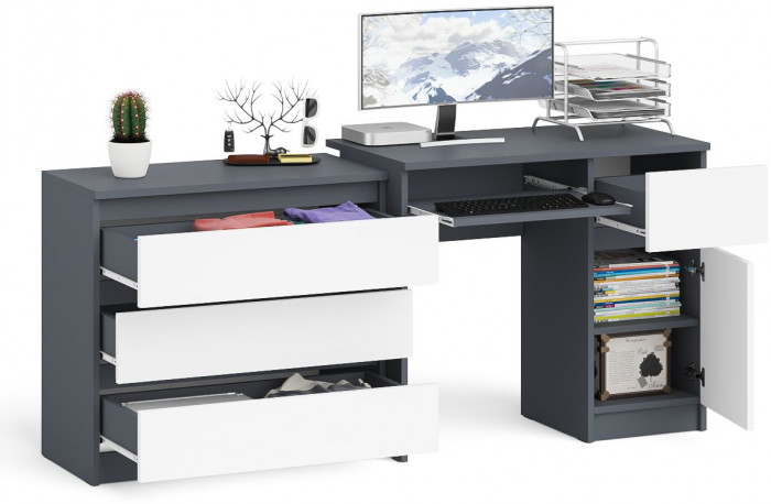 Мори компьютерный стол МС-1 правый + Комод МК800.1, графит/белый