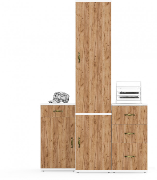 Лидер-8 Пенал МД 23Б + Тумба МД 3.15 + Тумба МД 3.16, цвет белый шагрень/крафт золото, ШхГхВ 120х50х190 см., универсальная сборка