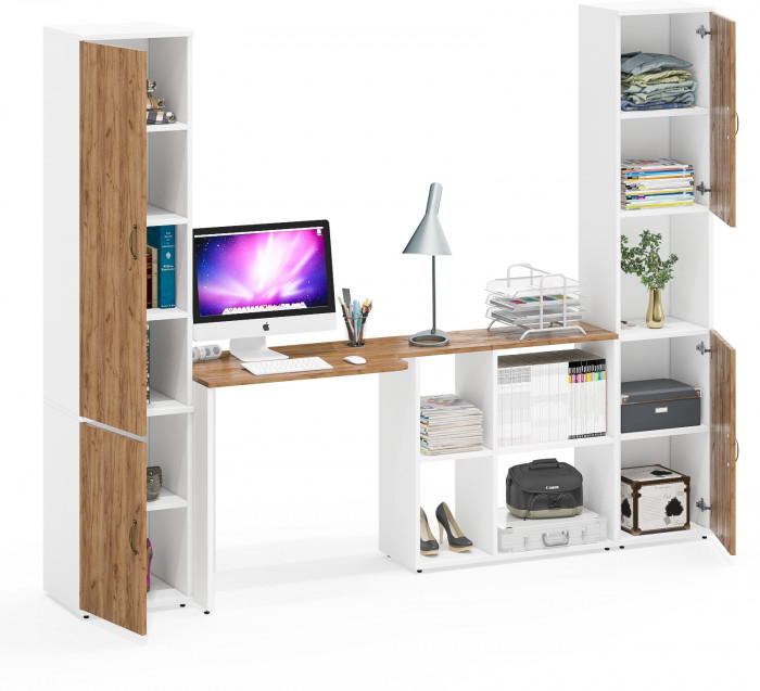 Лидер-8 Пенал МД 22Б + Стол + Пенал, белый шагрень/крафт золото