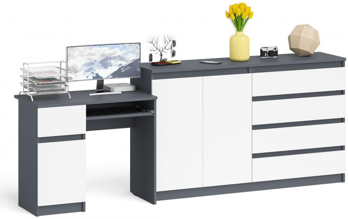 Мори компьютерный стол МС-1 левый + Комод МК1600.1, графит/белый