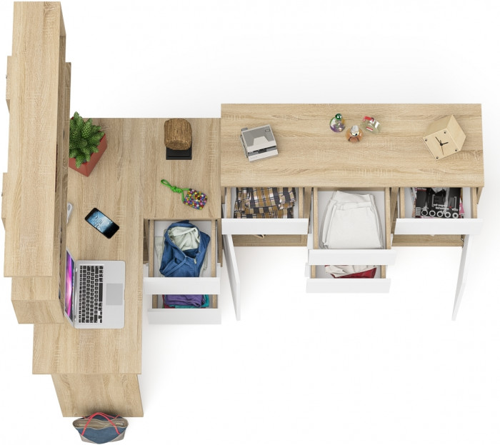 Мори компьютерный стол МС-16 правый + Комод МК1200.4 + Полка 1200, дуб сонома/белый