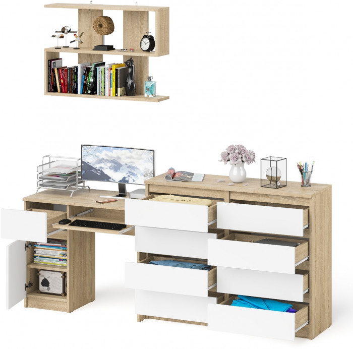 Мори Стол компьютерный МС-1 левый + Комод МК1200.8 + Полка 900, цвет дуб сонома/белый, ШхГхВ 210,4х50х209,6 см., НЕ универсальная сборка