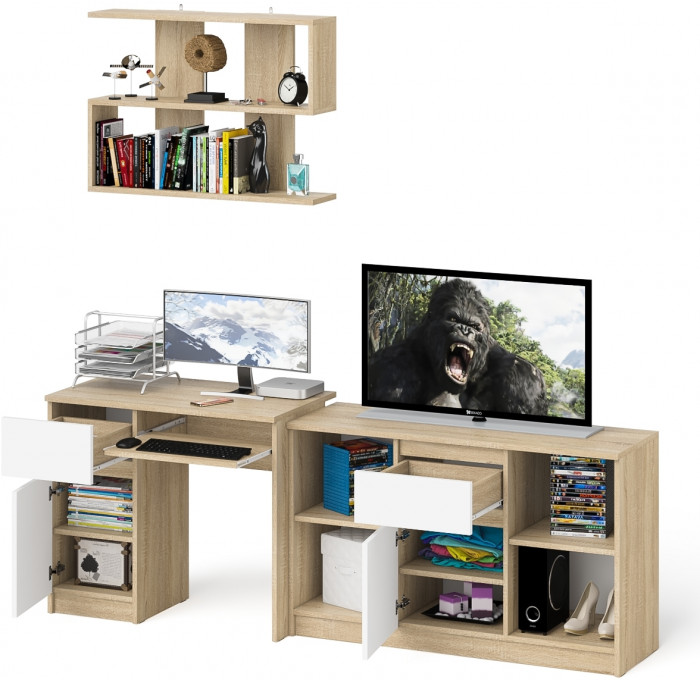 Мори Стол компьютерный МС-1 левый + Тумба МТВ1204.1 + Полка 900, цвет дуб сонома/белый, ШхГхВ 210,4х50х209,6 см., НЕ универсальная сборка