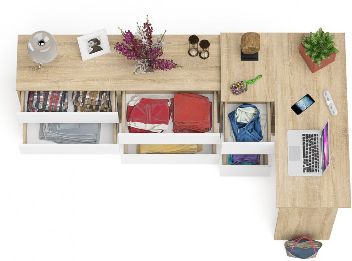 Мори Стол компьютерный МС-16 левый + Комод МК1380.6, цвет дуб сонома/белый, ШхГхВ 262,4х84,9х76,6 см., выдвижные ящики слев, НЕ универсальная сборкаа