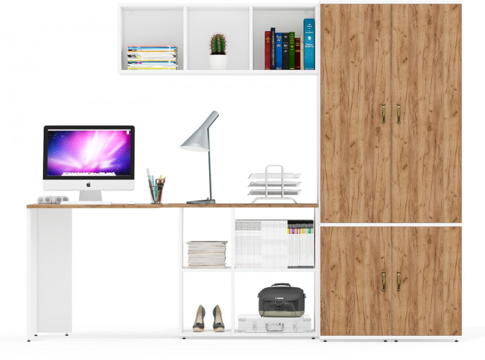 Лидер-8 Стол + Полка + Пенал МД 23Б + Пенал МД 23Б, белый шагрень/крафт золото