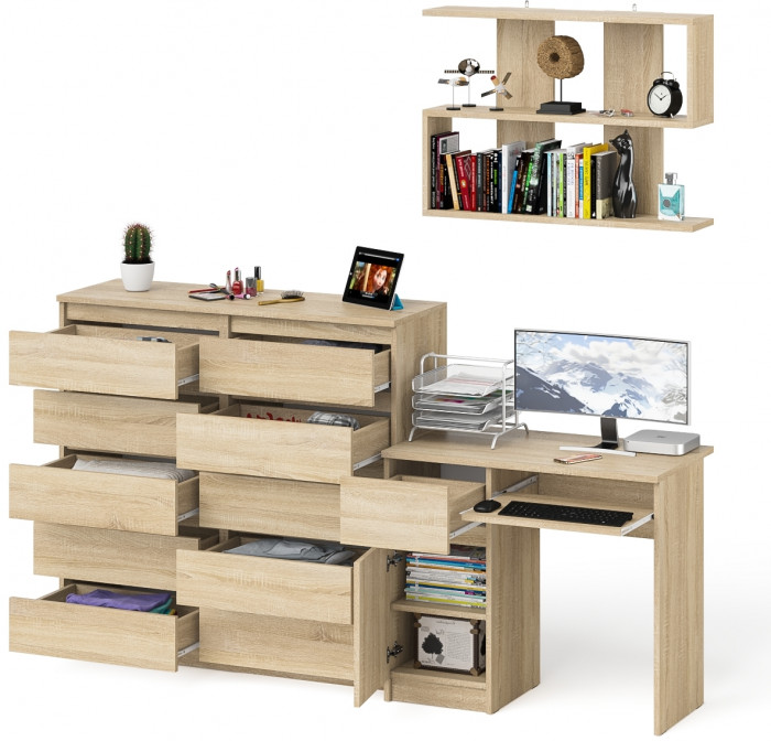Мори компьютерный стол МС-1 левый + Комод МК1200.10 + Полка 900, дуб сонома