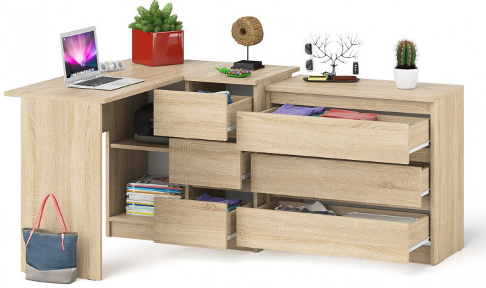 Мори компьютерный стол МС-16 правый + Комод МК800.1, дуб сонома