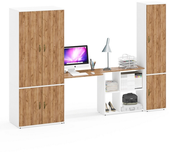 Лидер-8 Шкаф МД 19Б + Стол + Пенал 21Б, цвет белый шагрень/крафт золото, ШхГхВ 285х50/37,5х75/190 или 195х120х75/190 см., НЕ ун.сб.