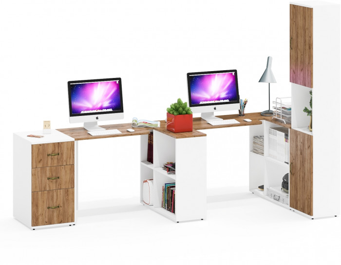 Лидер-8 Стол + Стол + Пенал + Тумба МД 3.16, цвет белый шагрень/крафт золото, ШхГхВ 410х50/30х75/190 см. или 230х50/160х75/190 см., НЕ универс. сборка