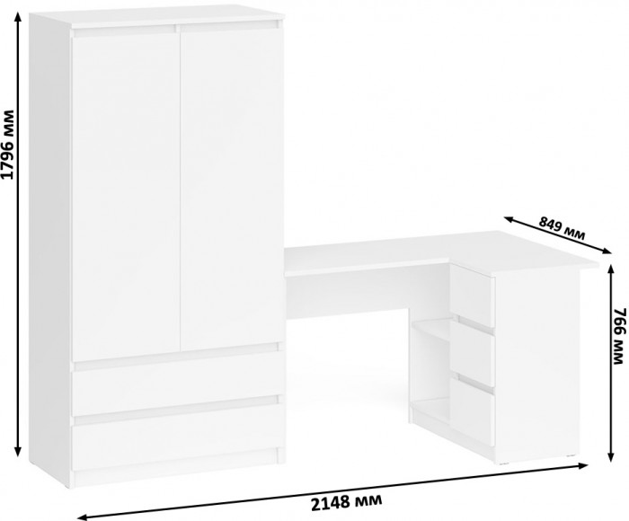 Мори Стол компьютерный МС-16 правый + Шкаф МШ900.1, цвет белый, ШхГхВ 214,8х84,9х179,6 см., выдвижные ящики справа, НЕ универсальная сборка