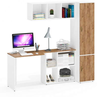 Лидер-8 Стол + Полка + Пенал МД 23Б, белый шагрень/крафт золото