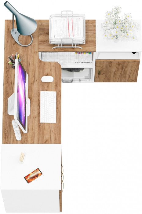 Лидер-8 Стол + Тумба МД 3.16 + Тумба МД 3.19, белый шагрень/крафт золото