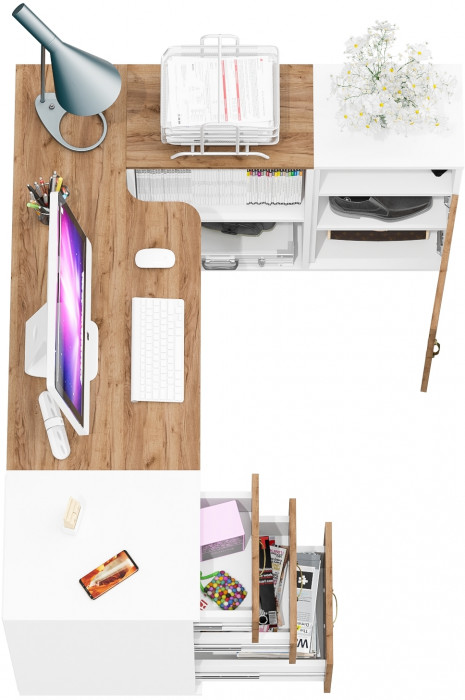 Лидер-8 Стол + Тумба МД 3.16 + Тумба МД 3.19, белый шагрень/крафт золото